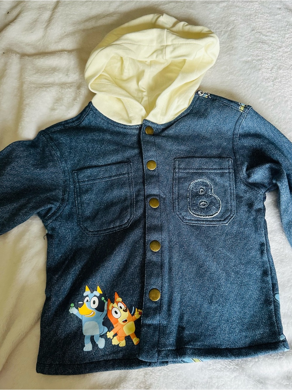 Kids Denim-Look Hooded Jacket with Cream Hood